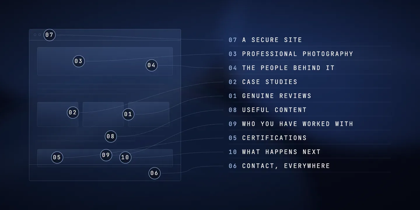 A website wireframe with ten numbered elements linked to a list: secure site, professional photography, the people behind it, case studies, genuine reviews, useful content, who you have worked with, certifications, what happens next, contact everywhere.